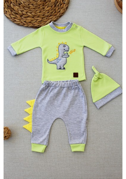3-6 6-9 9-12 Ay Minik Dino Nakışlı Şapkalı Uzun Kollu Sweat 3lü Kız-Erkek Bebek Takımı