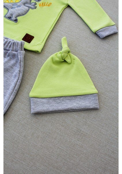 3-6 6-9 9-12 Ay Minik Dino Nakışlı Şapkalı Uzun Kollu Sweat 3lü Kız-Erkek Bebek Takımı modelleri