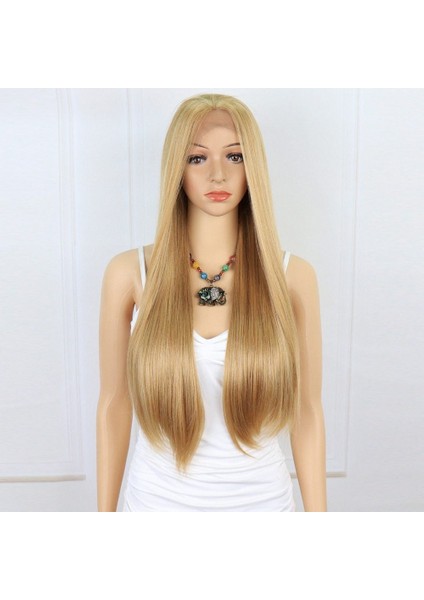 Düz Fiber Sentetik Tül Peruk / Karamel / Platin Röfleli