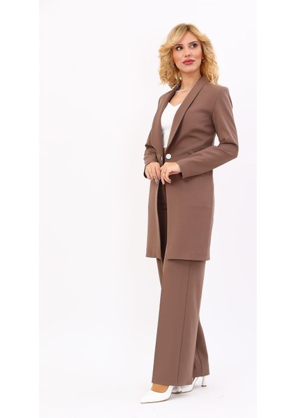 Şal Yaka Cepli Uzun Ceket & Bol Paça Pantolon-Kahve