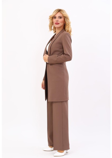 Şal Yaka Cepli Uzun Ceket & Bol Paça Pantolon-Kahve fiyatları