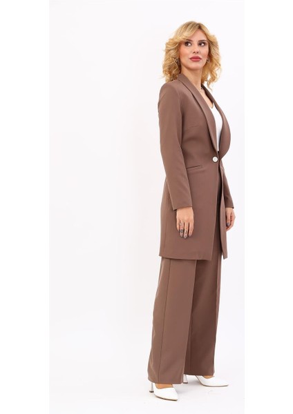 Şal Yaka Cepli Uzun Ceket & Bol Paça Pantolon-Kahve modelleri