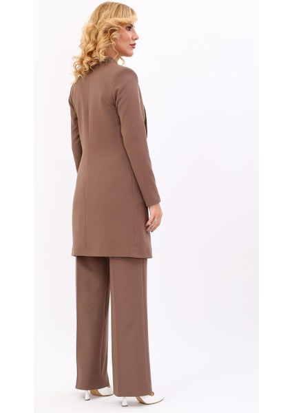Şal Yaka Cepli Uzun Ceket & Bol Paça Pantolon-Kahve fırsatları