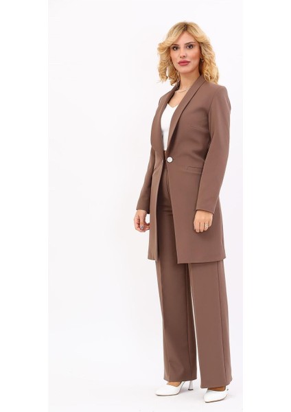 Şal Yaka Cepli Uzun Ceket & Bol Paça Pantolon-Kahve indirimleri