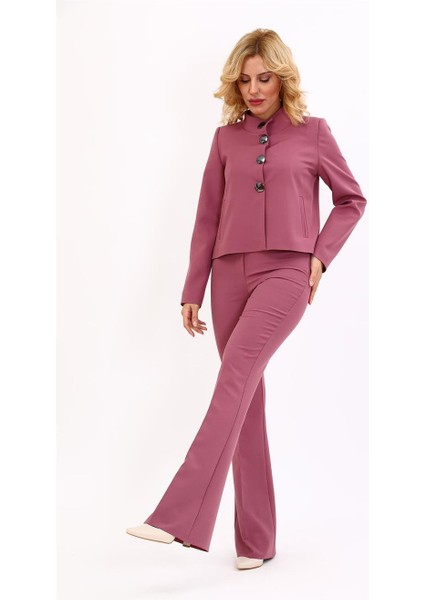 Boydan Düğmeli Mini Ceket & Ispanyol Paça Pantolon Takım-Rose
