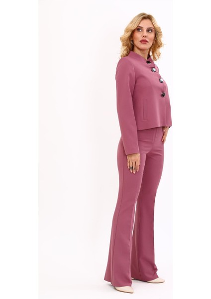 Boydan Düğmeli Mini Ceket & Ispanyol Paça Pantolon Takım-Rose fırsatları