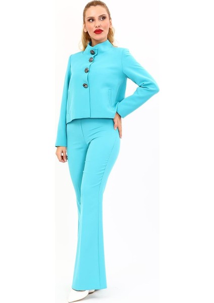 Boydan Düğmeli Mini Ceket & Ispanyol Paça Pantolon Takım-Turkuaz