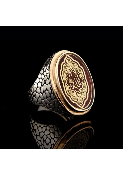 925 Ayar Gümüş Allah Lafzı Yazılı Kırmızı Mineli Erkek Yüzük fiyatları