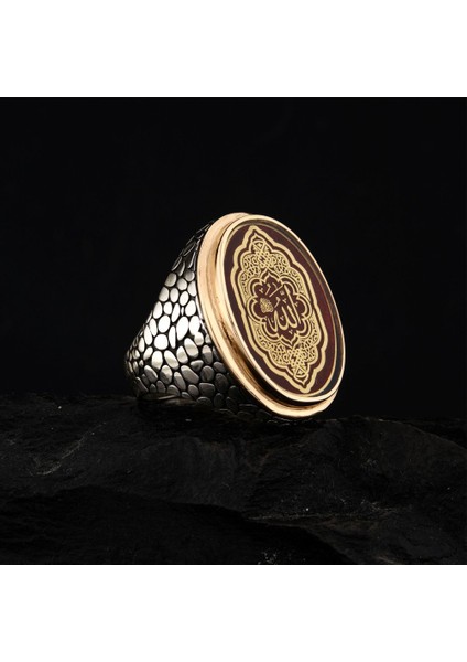 925 Ayar Gümüş Allah Lafzı Yazılı Kırmızı Mineli Erkek Yüzük modelleri