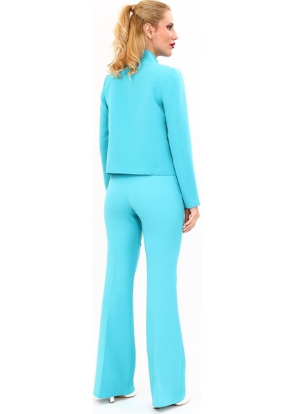 Boydan Düğmeli Mini Ceket & Ispanyol Paça Pantolon Takım-Turkuaz fırsatları