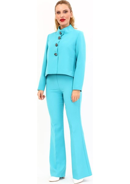 Boydan Düğmeli Mini Ceket & Ispanyol Paça Pantolon Takım-Turkuaz indirimleri