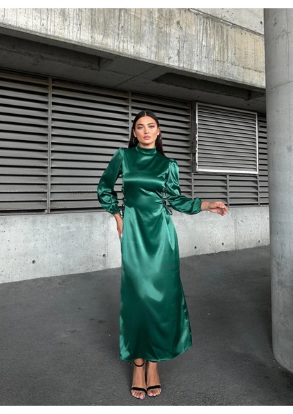 Yandan Ip Bağlamalı Saten Abiye Zümrüt 583272