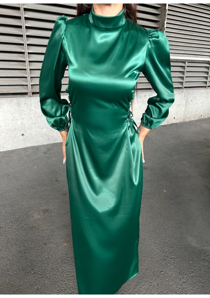 Yandan Ip Bağlamalı Saten Abiye Zümrüt 583272 modelleri