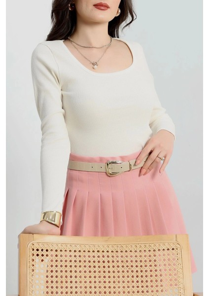 U Yaka Kaşkorse Bluz Beyaz