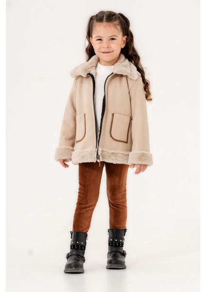Kürklü Süet Montlu Kız Çocuk 3'lü takım - Bej