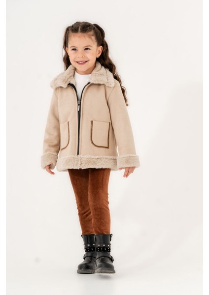 Kürklü Süet Montlu Kız Çocuk 3'lü takım - Bej modelleri