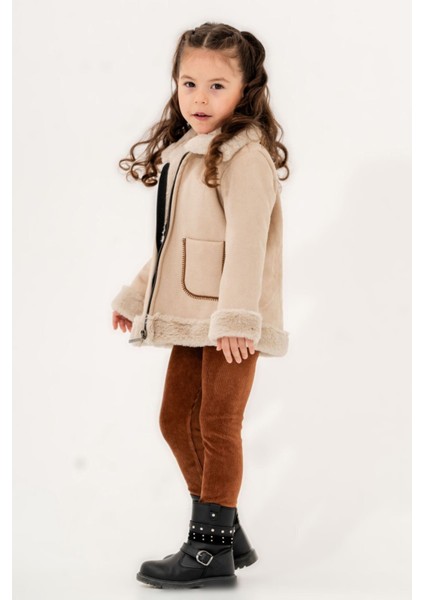 Kürklü Süet Montlu Kız Çocuk 3'lü takım - Bej fırsatları