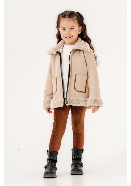 Kürklü Süet Montlu Kız Çocuk 3'lü takım - Bej indirimleri