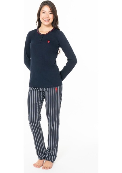 20141 Kadın Lacıvert Yuvarlak Yaka Uzun Kollu Pijama Takımı
