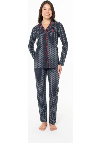 20144 Kadın Lacıvert V Yaka Uzun Kollu Çizgili Pijama Takımı