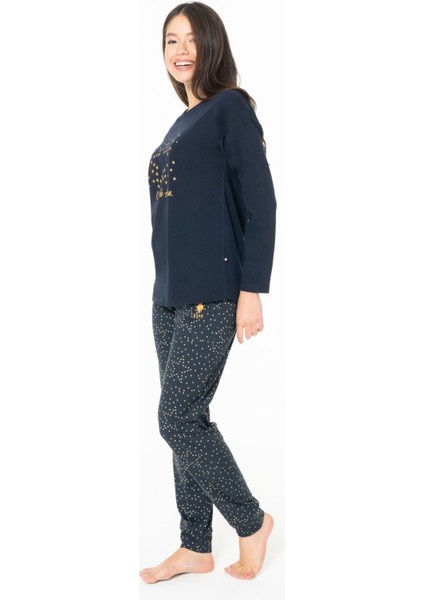 20163 Kadın Lacıvert Yuvarlak Yaka Uzun Kollu Pijama Takımı modelleri