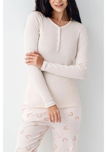 9062 Kadın Toz Pembe Uzun Kollu Yarım Pat V Yaka Pijama Takımı