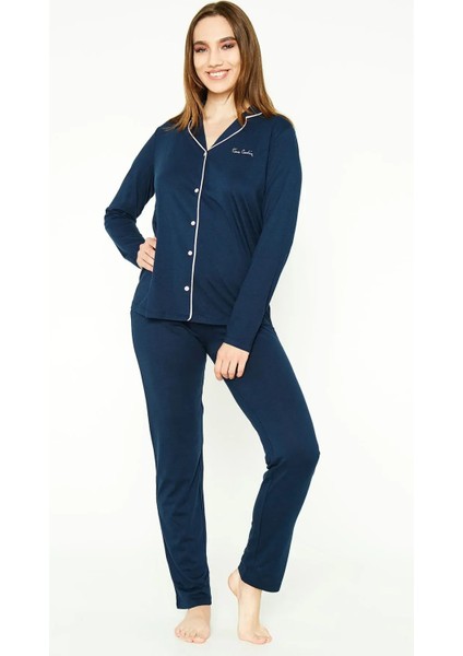 7717 Kadın Lacivert Uzun Kollu Önden Düğmeli Biyeli Gömlek Pijama Takımı