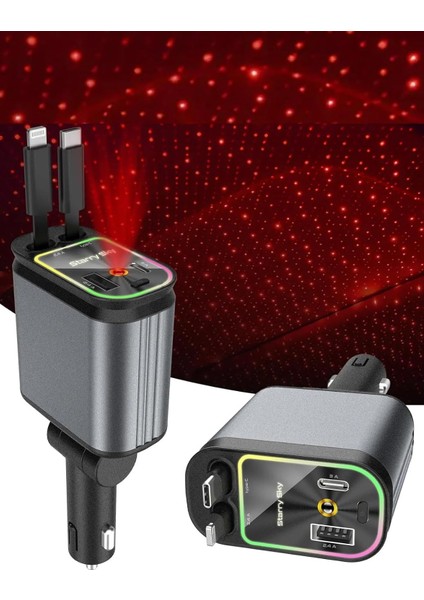 Acc-01 Rgb Işıklı 66W Araç Şarj Cihazı 4in1 Geri Çekilebilir Kablo Type-C + Lightning modelleri