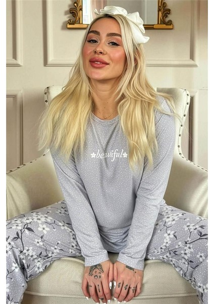 Gri Beautiful Desenli Uzun Kollu Bambu Örme Kadın Pijama Takımı