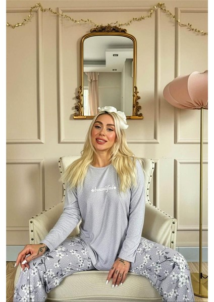 Gri Beautiful Desenli Uzun Kollu Bambu Örme Kadın Pijama Takımı fiyatları
