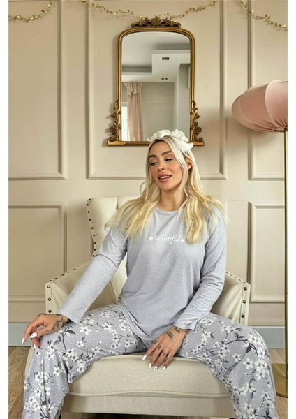 Gri Beautiful Desenli Uzun Kollu Bambu Örme Kadın Pijama Takımı fırsatları