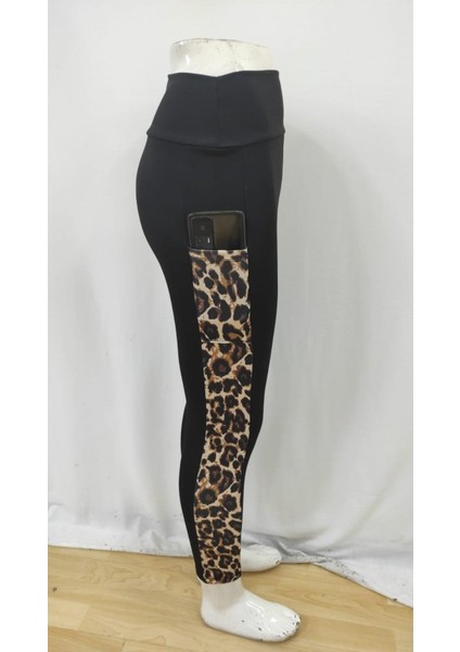 Kadın Yüksek Bel Leopar Desen ve Cep Detaylı Dalgıç Tayt