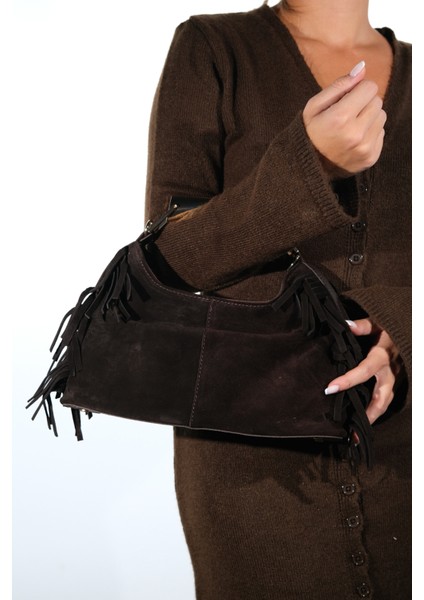 Astren Kahverengi Süet Hakiki Deri Püsküllü Kadın Kol Çantası