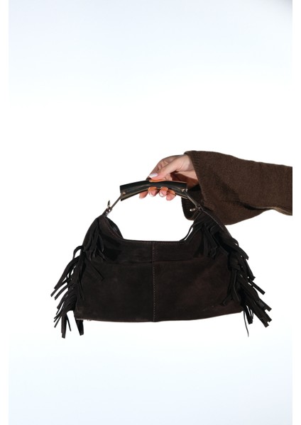 Astren Kahverengi Süet Hakiki Deri Püsküllü Kadın Kol Çantası modelleri