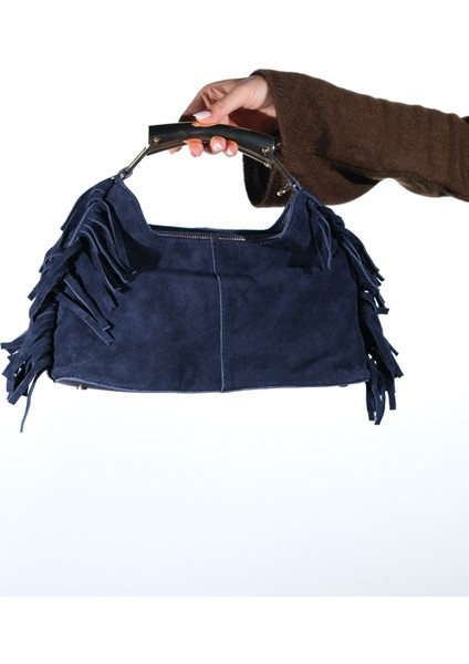 Astren Lacivert Süet Hakiki Deri Püsküllü Kadın Kol Çantası