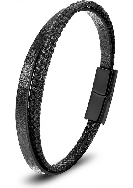 Siyah Deri Ve Saç Örgü İkili Çoklu Çelik Bileklik 31833B12D1