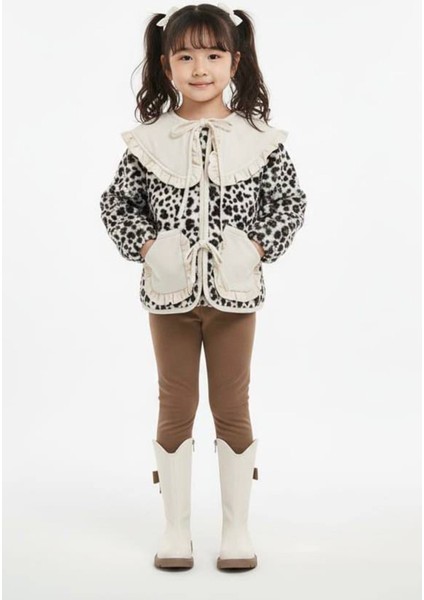 Leopar Desenli Volan Yaka Polar Kız Çocuk Kışlık 2’li takım - bej