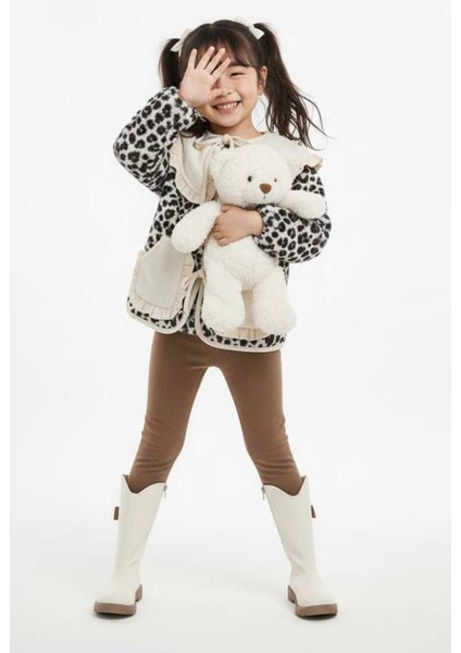 Leopar Desenli Volan Yaka Polar Kız Çocuk Kışlık 2’li takım - bej fiyatları