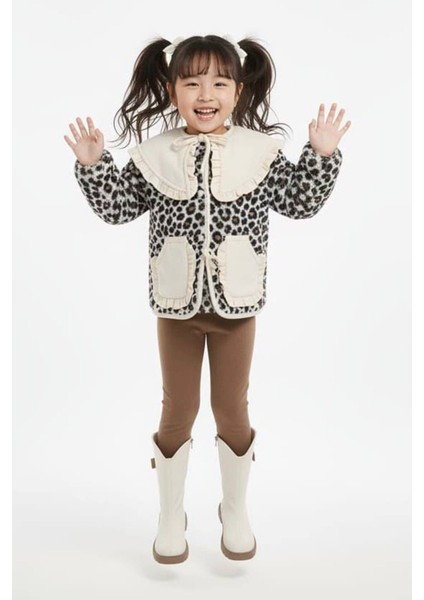 Leopar Desenli Volan Yaka Polar Kız Çocuk Kışlık 2’li takım - bej fırsatları