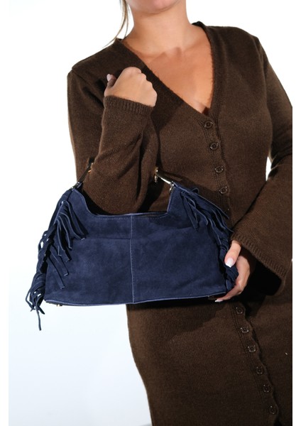 Astren Lacivert Süet Hakiki Deri Püsküllü Kadın Kol Çantası modelleri