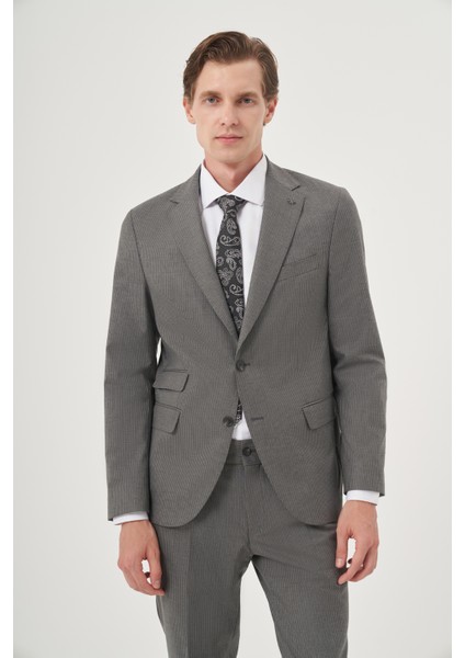 Erkek Füme Poliviskon Trend Çizgili Slim Fit Mono Yaka Çift Kapak Cepli Takım Elbise