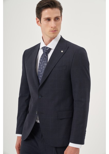 Erkek Lacivert Yünlü Trend Ekoseli Slim Fit Sivri Yaka Takım Elbise