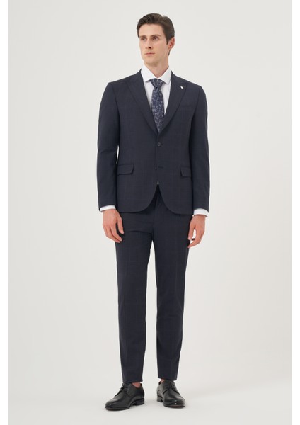 Erkek Lacivert Yünlü Trend Ekoseli Slim Fit Sivri Yaka Takım Elbise fiyatları