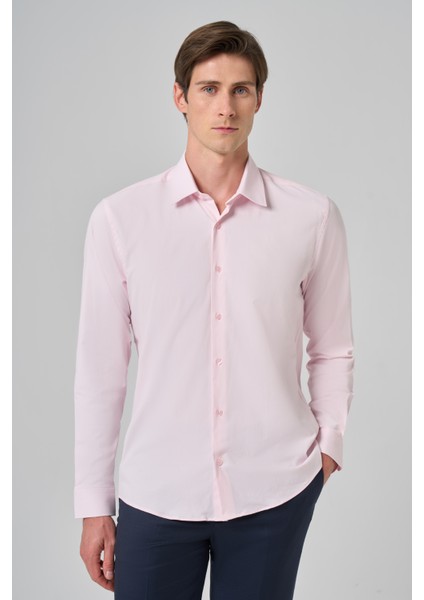 Erkek Pembe Slim Fit Sert Yaka Gömlek