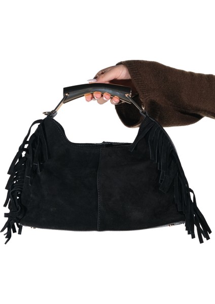 Astren Siyah Süet Hakiki Deri Püsküllü Kadın Kol Çantası