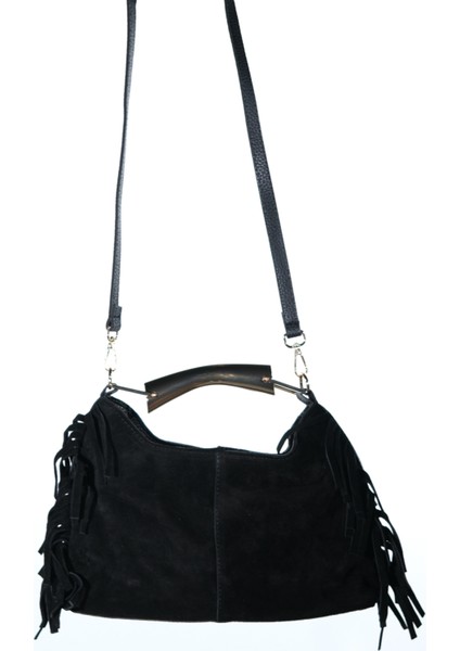 Astren Siyah Süet Hakiki Deri Püsküllü Kadın Kol Çantası modelleri