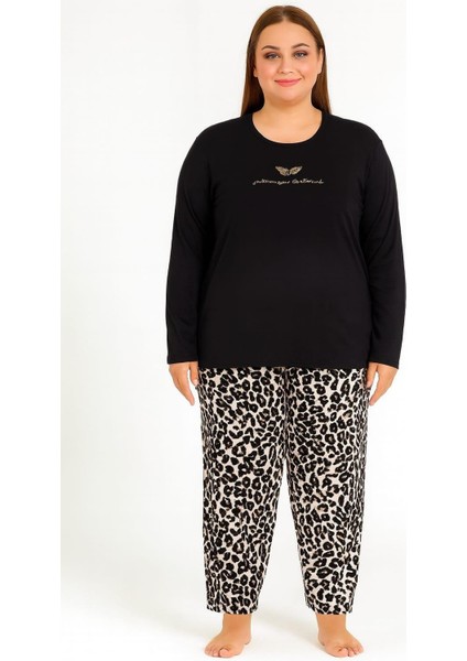 Kadın 08048 Büyük Beden Leopar Desen Pijama Takımı Siyah