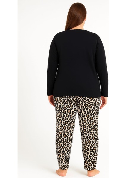 Kadın 08048 Büyük Beden Leopar Desen Pijama Takımı Siyah fiyatları