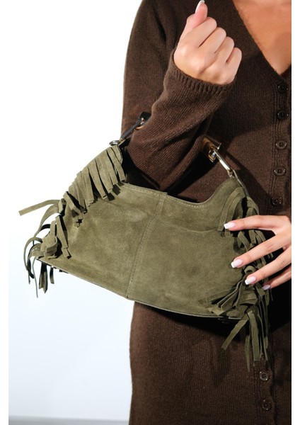 Astren Yeşil Süet Hakiki Deri Püsküllü Kadın Kol Çantası