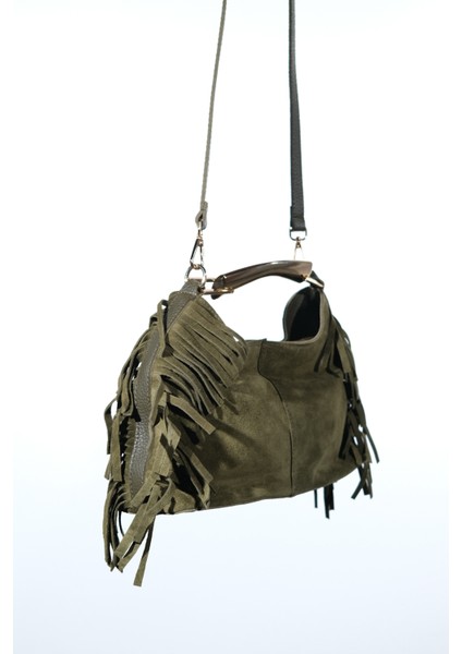 Astren Yeşil Süet Hakiki Deri Püsküllü Kadın Kol Çantası modelleri